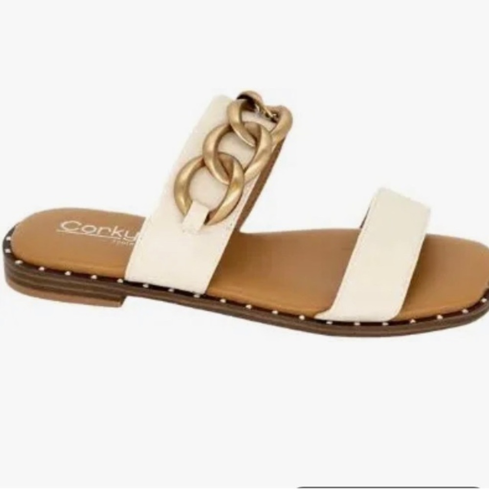 Corkys Ivory Catch Flights Not Feelings Sandals with Gold Chain *BRAND NEW* Sz 8